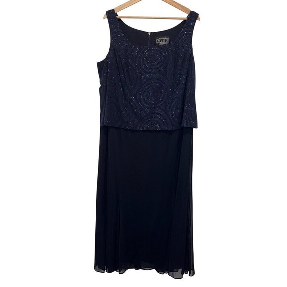 Alex Evenings Navy Blue Sleeveless Sparkle Midi Dress - Size 16 Women - Picture 1 of 7